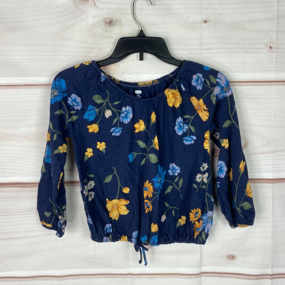 Old Navy Top Girls Medium Floral Long Sleeve Elastic Waist Blue 100% Cotton